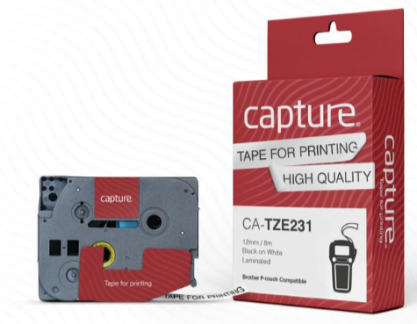 Capture TZE231 P-Touch compatible 12mm x 8m Black on White Tape